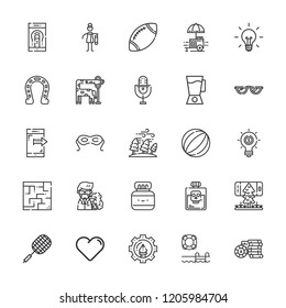Collection of 25 art outline icons include icons such as casino chip, horseshoe, heart, badminton, innovation, smartphone, ball, mixer blender, graphic design, microphone