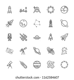 Collection of 25 astronomy outline icons include icons such as rocket, ufo, telescope, asteroid, asteroids, astronaut, black hole, constellation, jupiter, lander, mars