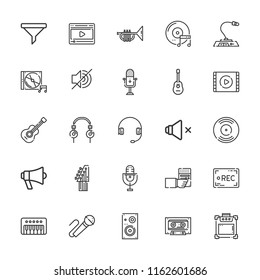 Collection of 25 audio outline icons include icons such as synthesizer, filter, video, rec, microphone, headphones, video player, megaphone, guitar, karaoke, speaker, mute