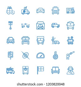 Collection of 25 automobile outline icons include icons such as valet, car, speedometer, garage, lorry, minibus, school bus, sport car, collision, parking, ice cream machine