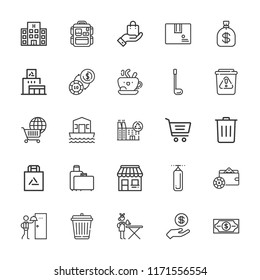 Collection of 25 bag outline icons include icons such as money, wallet, package, recycling center, shopping bag, online shopping, coffee, ironing service, room service, waste