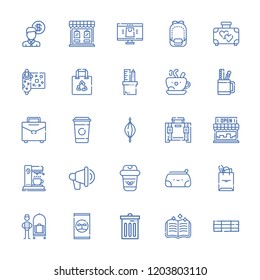 Collection of 25 bag outline icons include icons such as bellhop, coffee, money, shopping bag, promotion, briefcase, coffee cup, backpack, pencil case, trash, tote bag