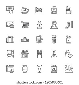 Collection of 25 bag outline icons include icons such as briefcase, money, supermarket, tea bag, online shop, pencil case, sprout, coffee, suitcase, potion, shop