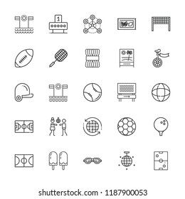 Collection of 25 ball outline icons include icons such as lotto, disco, badminton, baseball, basketball court, golf, shooting, swimming, volleyball net, earth grid, network