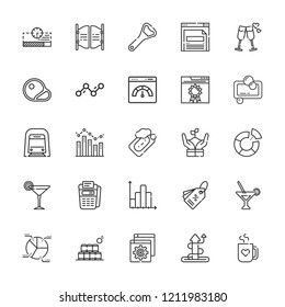 Collection of 25 bar outline icons include icons such as point of service, martini, browser, soap, line chart, growth, underground, mug, pie chart, bar chart, bottle opener