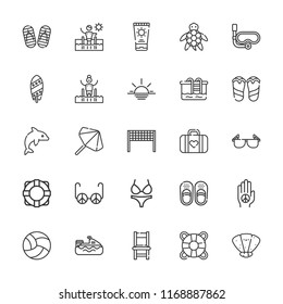 Collection of 25 beach outline icons include icons such as swimming pool, parasol, palm, sunglasses, jet ski, snorkel, volleyball net, volleyball, sunset, dolphin, surfboard