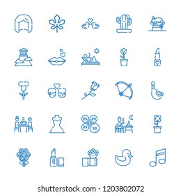 Collection of 25 beautiful outline icons include icons such as terrace, deck chair, musical note, duck, wig, couple, lipstick, petals, bow, cactus, olympus, rose, flowers