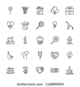 Collection of 25 birthday outline icons include icons such as balloon, balloons, birthday cake piece, candle, clown, lollipop, magic wand, ballons, present, cake slice, duck