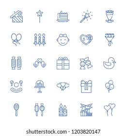 Collection of 25 birthday outline icons include icons such as rattle, candles, magic wand, present, baby girl, duck, love birds, clown, ballons, bouquet, cake slice, gift