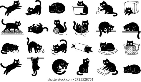 Sammlung von 25 schwarzen Katzen Silhouetten in verschiedenen verspielten Posen und Aktivitäten