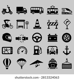 A collection of 25 black solid transportation icons isolated on a white background. Includes scooter, delivery truck, bus, tram, high-speed train, bicycle, bus stop, traffic cone, road barrier, traffic sign, motorcycle helmet, seat belt, steering wheel, car battery, tire, GPS navigation, speedometer, fuel pump, car wash, anchor, hot air balloon, parachute, hang glider, cruise ship, and shipping container. Perfect for transportation, logistics, navigation, traffic, travel, automotive, and mobile app design.