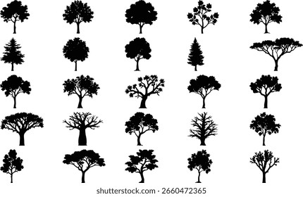 A collection of 25 black tree silhouettes of various shapes and sizes against a white background.