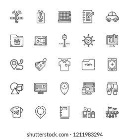 Collection of 25 blank outline icons include icons such as computer, press card, pads, shirt, tablet, laptop, sun, tag, placeholder, cutting, car, cubes, satellite, location
