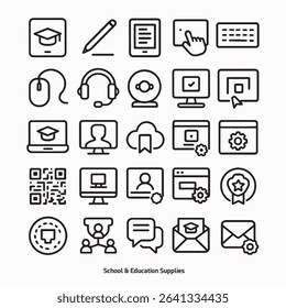 Collection of 25 bold line icons for modern education: tablets, stylus, online learning, video class, cloud storage, QR code, email, chat, LMS, and gamification. Ideal for e-learning and tech UI