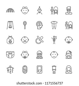 Collection of 25 boy outline icons include icons such as concierge, bellhop, toilet, gameboy, girl, playground, rattle, swing, birthday boy, woman, head, baby, baby cry