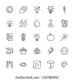 Collection of 25 bright outline icons include icons such as light bulb, disco, idea, sparkler, star, view, water drop, sun, apple, potion, play button, desk lamp, letter