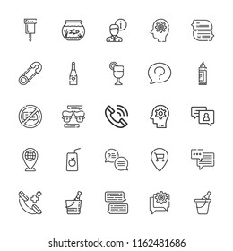 Collection of 25 bubble outline icons include icons such as champagne, chat, pin, question, thinking, aquarium, juice, messages, phone call, info, chat bubble, no chatting