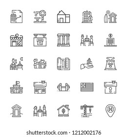 Collection of 25 building outline icons include icons such as skyscraper, terrace, hotel, house, weightlifting, nuclear plant, mall, school, greece, crane, toy, pierrade
