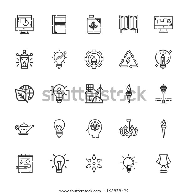 Collection of 25 bulb\
outline icons include icons such as light bulb, eco house, ecology,\
thinking, lamp, idea, biodiesel, energy, draw, sketchbook, graphic\
design, torch
