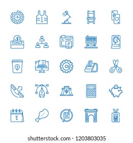 Collection of 25 business outline icons include icons such as cards, coin, eco factory, online shop, uniform, piggy bank, arch, basket, calendar, , calculator, graphic design