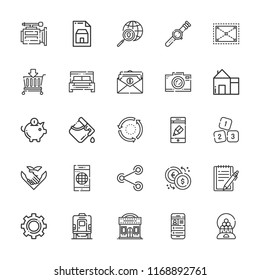 Collection of 25 button outline icons include icons such as search, handshake, documents, house, share, settings, piggy bank, numbers, bed, photo camera, expand, train, repeat