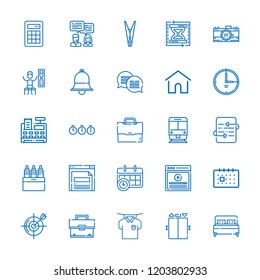 Collection of 25 button outline icons include icons such as chat, clothespin, calendar, home, aim, update, train, calculator, time, elevator, bell, markers, load time, video