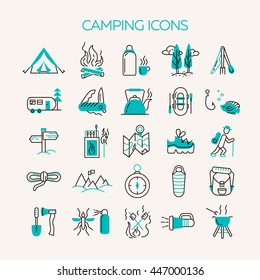 Collection of 25 camping outline icons in light background. Tourism and hiking objects set.