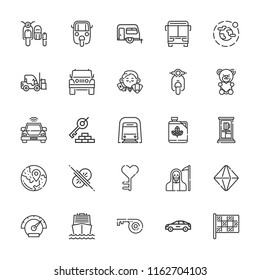 Collection of 25 car outline icons include icons such as dealer, truck, key, car, biodiesel, racing, auto ricksaw, boat, bus, jeep, motorbike, sidecar, underground, trailer