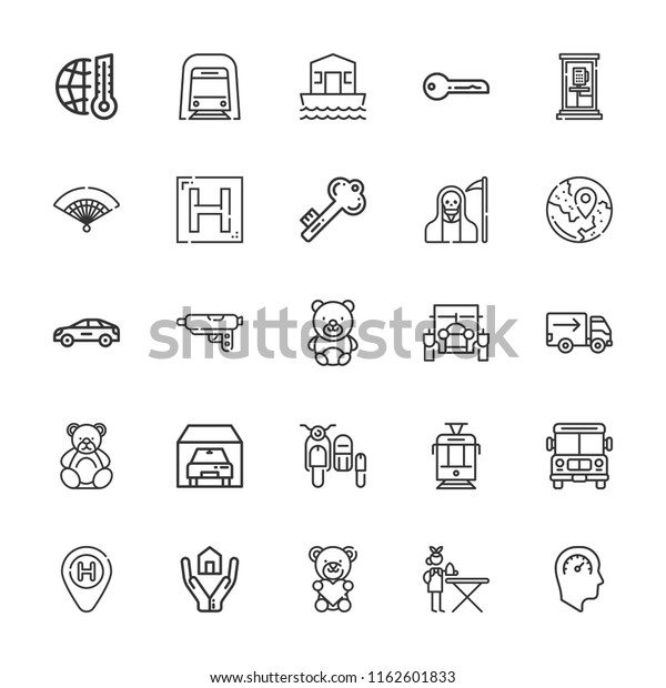Collection of 25 car\
outline icons include icons such as global warming, truck, ironing\
service, hotel, school bus, teddy bear, car, speedometer, garage,\
insurance, key