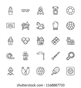 Collection of 25 cartoon outline icons include icons such as cookies, soccer ball, clown, boxing, rocking horse, glasses, mustache, condom, tape, float, teddy bear