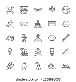 Collection of 25 cartoon outline icons include icons such as balloon, birthday cake piece, glasses, spider web, baby, ruler, tape, football, bookworm, cookies, eruption