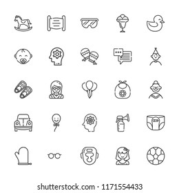 Collection of 25 cartoon outline icons include icons such as thinking, mitten, balloon, girl, mask, birthday boy, clown, ice cream, boxing, fins, football, glasses, beetle