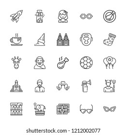 Collection of 25 cartoon outline icons include icons such as rocket launch, girl, chocolate, glasses, boxing, rocket, breast pump, love birds, vampire, devil, football