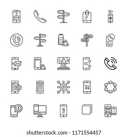 Collection of 25 cell outline icons include icons such as phone call, smartphone, virus, molecule, panel, call, cell phone, battery, responsive