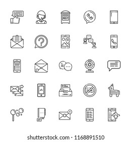 Collection of 25 chat outline icons include icons such as chat, question, smartphone, post, telemarketer, bubbles, piata, webcam, contact, no chatting, email, message, inbox