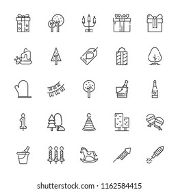 Collection of 25 christmas outline icons include icons such as champagne, pine, tree, mitten, aromatic candle, candle, candles, fireworks, gift tag, present, forest