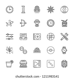 Collection of 25 circle outline icons include icons such as player, cylinder, settings, planet earth, wristwatch, clock, ball, glass, rudder, vinyl, help, tickets office, dog