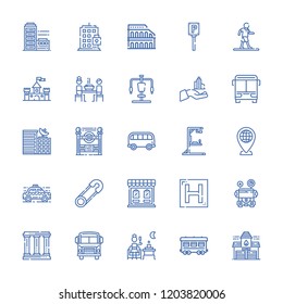 Collection of 25 city outline icons include icons such as skyscraper, terrace, pin, bus, railway, hotel, school bus, fire station, taxi, colosseum, parking, subway entrance