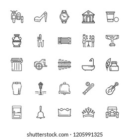 Collection of 25 classic outline icons include icons such as lounge, bell, crown, bathtub, mic, wristwatch, classic car, sidecar, xylophone, accordion, beer pong, baseball