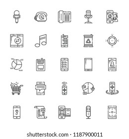 Collection of 25 clipart outline icons include icons such as smartphone, telephone, musical note, barrel, cigarettes, pie chart, microphone, shopping cart