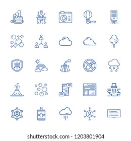 Collection of 25 cloud outline icons include icons such as water pollution, network, cloud, bombs, water, browser, browsers, networking, raining, security, volcano, pollution