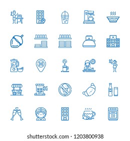 Collection of 25 coffee outline icons include icons such as kettle, oven, croissant, waitress, hotel, office, blender, beverage, no food, coffee, seer, food and restaurant