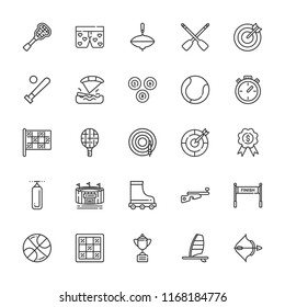Collection of 25 competition outline icons include icons such as target, billiard, top, archery, baseball bat, basketball, biathlon, chess board, chronometer, dart