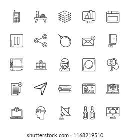 Collection of 25 computer outline icons include icons such as browser, laptop, key, educator, cursor, bomb, analytics, share, ar glasses, contact, email, cellphone, layers