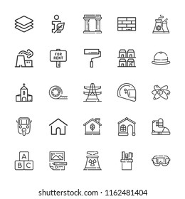 Collection of 25 construction outline icons include icons such as information ecology, power plant, nuclear plant, blocks, house, safety glasses, home, layers, brick, church
