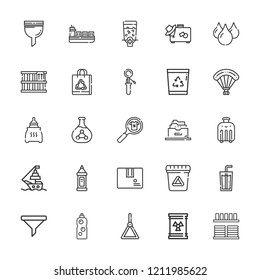 Collection of 25 container outline icons include icons such as package, waste, detergent, suitcase, flask, water, filter, soda, paper bag, parachuting, bottle, filing cabinet