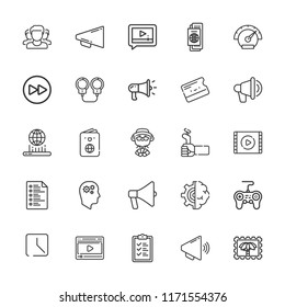 Collection of 25 control outline icons include icons such as player, list, megaphone, artificial intelligence, key card, passport, video player, fast forward, video