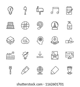 Collection of 25 creative outline icons include icons such as thinking, liquid, lamp, palette, cake, letter, mailbox, save water, notes, webcam, idea, ball, download, d