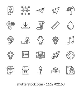 Collection of 25 creative outline icons include icons such as hair dryer, lamp, musical note, startup, download, paper plane, letter, idea, innovation, ball, note