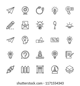 Collection of 25 creative outline icons include icons such as discount, question, idea, hair dryer, lamp, web design, webcam, writing, plug, notes, paper plane, letter